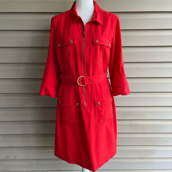 •Sheragano• Tomato Red Zip Front Shirt Dress - Size 12 - Picture 7 of 10
